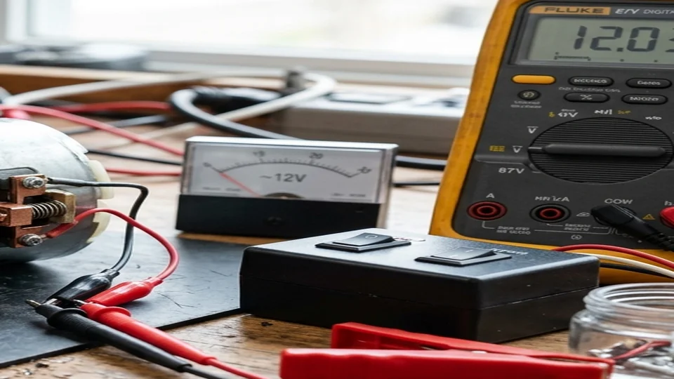 Digital multimeter measuring voltage and operating current on an electronics test bench