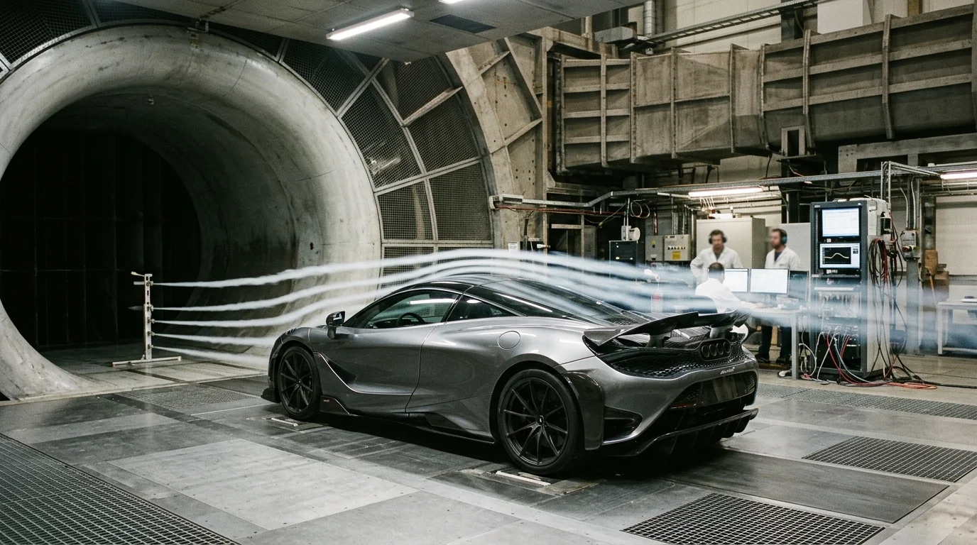 Sports car undergoing aerodynamic wind tunnel testing with smoke streamlines