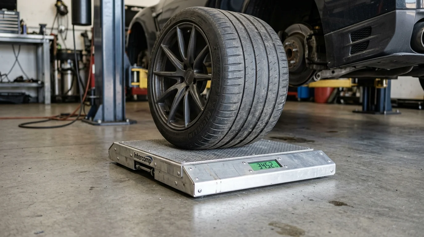 Performance sports car wheel resting squarely on an electronic corner weighing pad scale