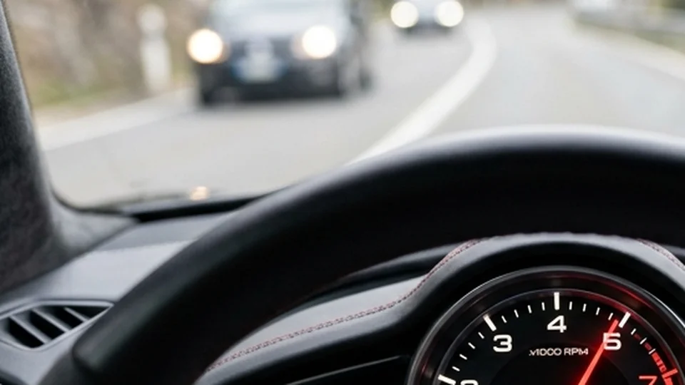 Highway road speed perspective through vehicle cockpit windshield
