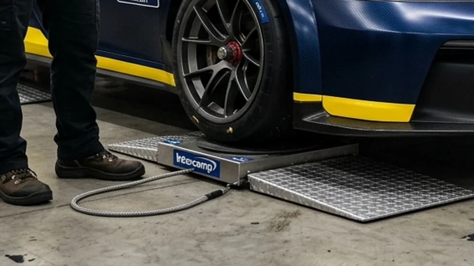 Race car chassis and carbon aerodynamic splitter undergoing vehicle mass check