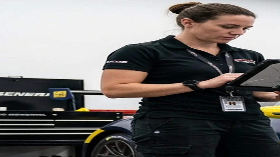Automotive technician logging weight records and telemetry data on a tablet in garage