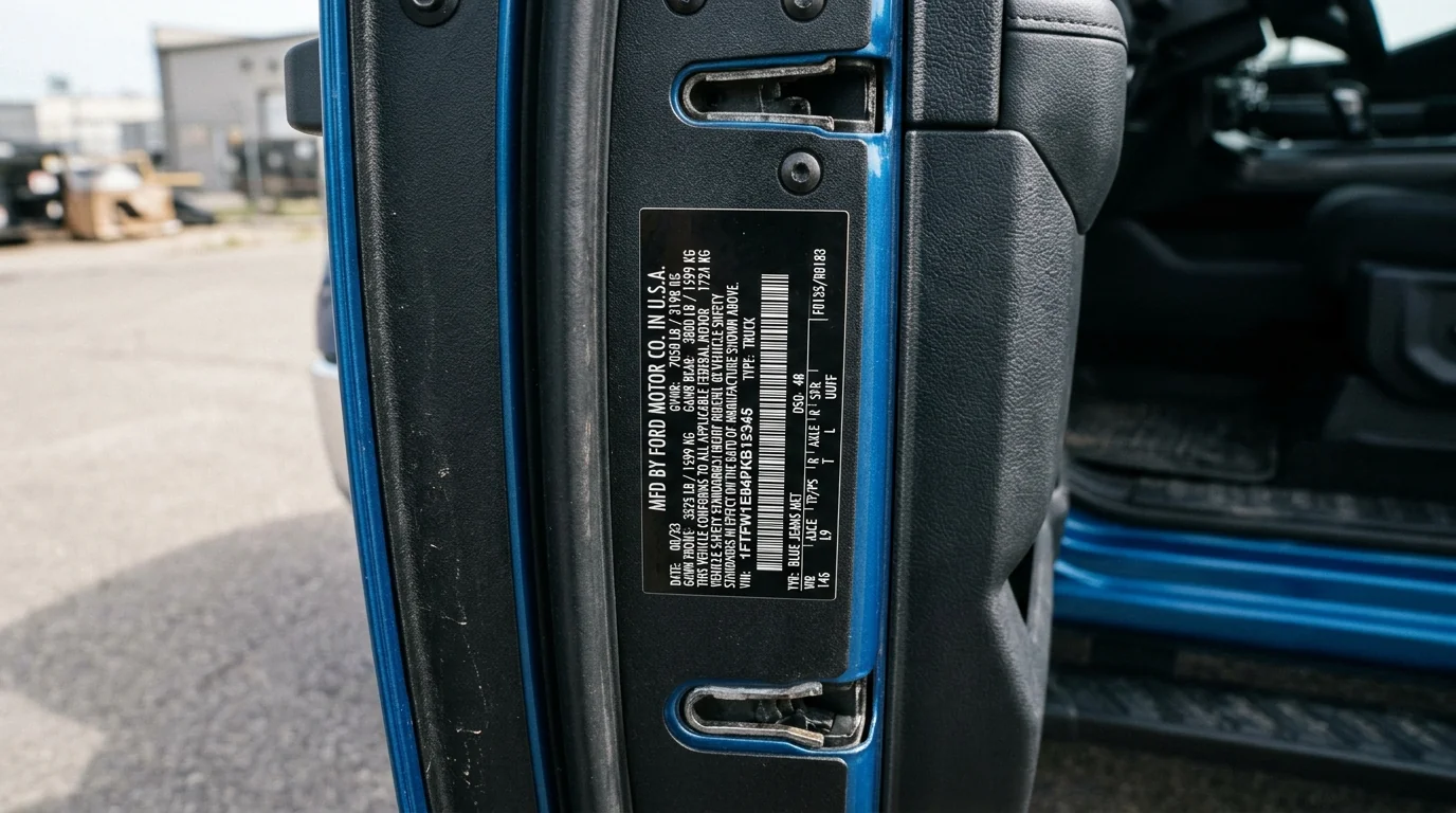 Truck driver side B-pillar door jamb showing the vehicle safety certification sticker and GVWR ratings